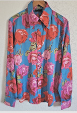 Zara Ladies Shirt Bright Blue & Pink Floral Satin Blouse Med Fit 12-14