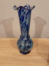 Vintage Murano Salviati Ruffle Top Art Glass Vase Blue.