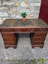 Vintage Green Leather Top Captains Pedestal Desk 