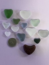 Collection of Genuine Seaham Sea Glass - 12 Natural Heart Shapes + 1 Red Stone