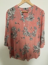 Ladies Tunic Top UK 16 Red White Stripe Floral Roll Tab 3/4 Sleeve Pocket