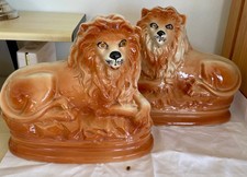 Rare Pair of Large Antique Bo’ness ‘Staffordshire’ Recumbent Lion Figurines 1890
