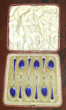 19th cent. Continental silver/guilloche enamel coffee spoons London import 1898