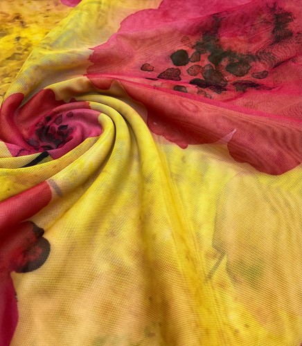 Yellow pink floral mesh fabric - pink,