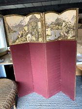 Vintage & Antique 4 Panel Screen/Room Divider Embroidered Swiss Alps Tapestry