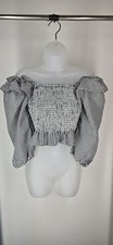 ZARA Black White Gingham Off Shoulder Puff Sleeve Smocked Crop Top Size M UK 10