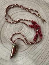 Bohemian Tusk Necklace, Coral , Seed Beads And Brass Crushed Coral Inlaid Tusk