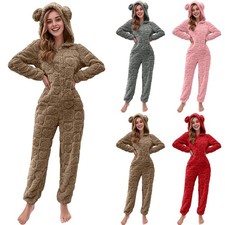 Lady Teddy Bear Hooded Jumpsuits 1Onesie PJs Fleece Fur Pyjamas Christmas Hearts