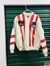 vintage 80s TROOP ALPHA FRATERNITY HIP HOP ZIP UP WHITE LEATHER JACKET LARGE M