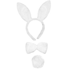 Fluffy White Easter Bunny Rabbit Headband Ears Tail Bow Tie Fancy Dress Set