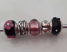 Lovelinks set of 5 Pink black Lampwork  crystal flower 925 silver charms beads