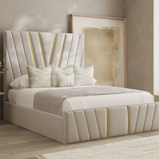 Golden Strip Bed Frame Plush Velvet Upholstered Ottoman Gas Lift Storage Double