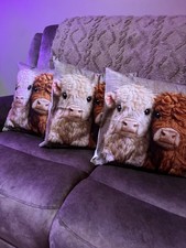 Trio of Highland Calves 2D Embroidered Print. Soft Plush Cushion Cover 45cm.