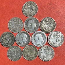 PRE-1920 SILVER - 11 SILVER THREEPENCES - 3 EDWARD VII - 8 GEORGE V - 15.1 GRAMS