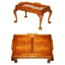 STUNNING HAND CARVED CLAW & BALL FOOT MAHOGANY COFFEE TRAY TABLE REMOVABLE TRAY