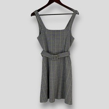 TOPSHOP Checked Pinafore Dress UK 10 Belted Skater Sleeveless Glen Check