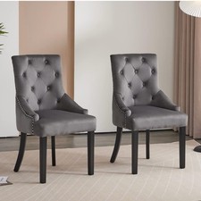 Set of 2 Tufted Dining Chairs With Arms - Studded Knocker Soft Velvet Fabric