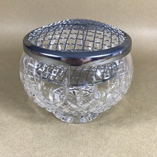 Large Cut Crystal Rose Bowl Vase with Silver Plate Frog Vintage Heavy