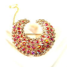 Vintage Pink Aurora Lunar Crescent Moon Brooch Mid Century Celestial Rhinestone