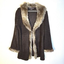 Vtg Y2k Frankly My Dear Cardigan Knit Penny Lane Shaggy Retro Brown Faux Fur L