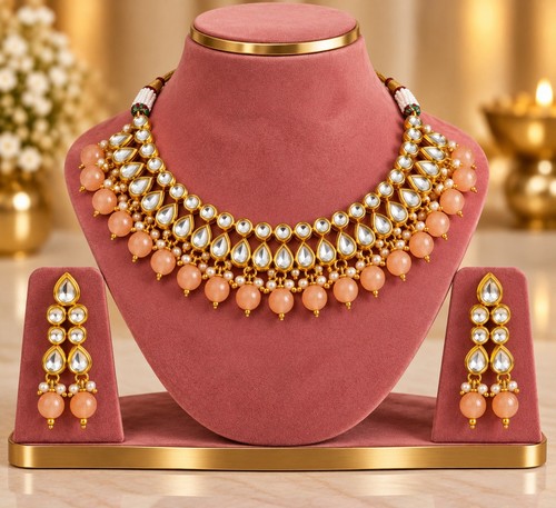 Peach kundan necklace set - peach,