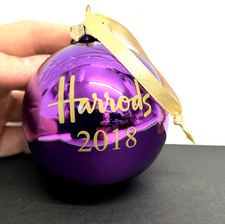 Rare Harrods 2018 Purple Glass Christmas Bauble with Fabric Rear. Decoration