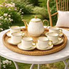 White Ribbed Ceramic Tea Set