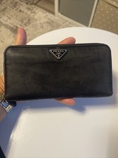 Vintage PRADA Long Wallet Zip Around Black Nylon & Leather Clutch Purse.