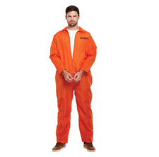 Mens Orange Prison Jumpsuit Costume Convict Fancy Dress Prisoner Outfit Boiler S