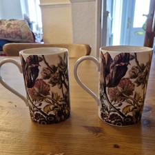TWO  Dunoon Flora bone china mugs , with John Bowles 1745 art Made in Scotland