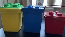 Lot Of 3 Vintage Lego Storage Tubs-Red & Blue With Handles & Yellow/green Lid