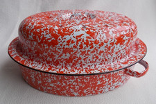 RARE Vintage / Retro Lidded Enamel Large Oval Roasting Tin Casserole Dish 1970's