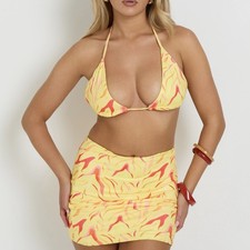 NEW Size M Wolfe Bay Yellow Lightning Print Womens Bikini Mini Skirt 3 Piece Set