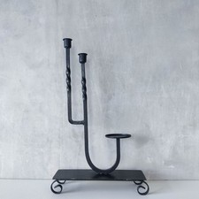 Vintage black wrought iron metal blacksmith forged candelabra candle holder lg