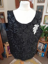 Vintage Black Sequin Sleeveless Knitted Top Silver Sequin Motif Tassels 40" Bust