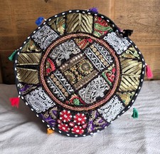 Indian Handmade Round Ethnic Embroidery Vintage Patchwork Footstool Pouffe Cover