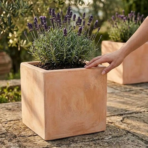 Rustic terracotta cube planter - rustic,