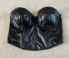 NEW PRIMARK Black PU Faux-Leather Strapless Corset Bustier Underwire Bra Top 34C