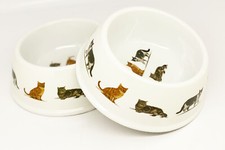 Set of 2 Cat Bowl Cat Design round bowl White Food or water upper rim 12.5cm