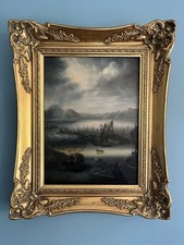 Original Oil Painting Moonlit Harbour Scene Boats Maritime Dutch Antique Style