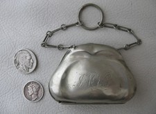 Antique Art Nouveau Chatelaine Silver EPNS Finger Ring Lining Coin Purse JMVG