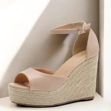 Women's Nude Peep Toe Espadrille Wedge Sandals  4.4" Heel Ankle Strap Summer New