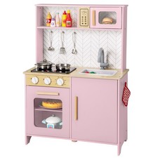 Kids Play Kitchen Toddler Wooden Toy Kitchen with Lights Pink