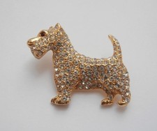BNWOT Vintage 1980s Retro 1950s Gold Metal Crystal Scottie Dog Brooch Deadstock