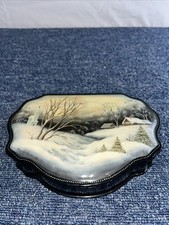 Vintage Fedoskino Russian Black Lacquer Trinket Box 18x12.5x3.5cms