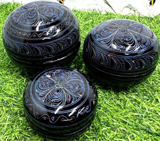 Set Of Three Nesting Boxes Handpainted Paper Mache Round Lacquer Lidded Trinket