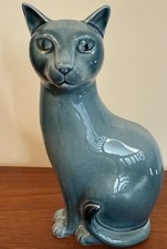 Vintage Poole Pottery Blue Glazed Cat Figurine 16cm England