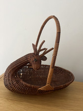 Vintage Deer Reindeer Wicker Basket With Handle Woven Rattan Christmas Decor