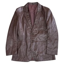 Vintage Real Leather Blazer Jacket Button 90s Retro Burgundy Mens Medium