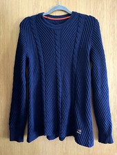 ISOBAA 100% MERINO WOOL CABLE KNIT NAVY JUMPER FISHERMAN ARAN WOMEN'S JUMPER M